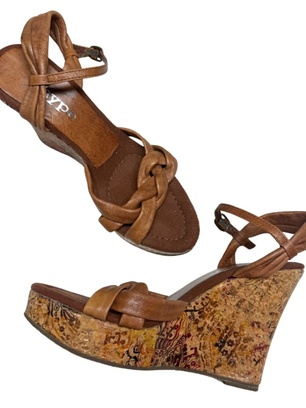 Hype Braided Cork Wedge Sandals Printed Folk Art Tan Faux Leather Ankle Strap